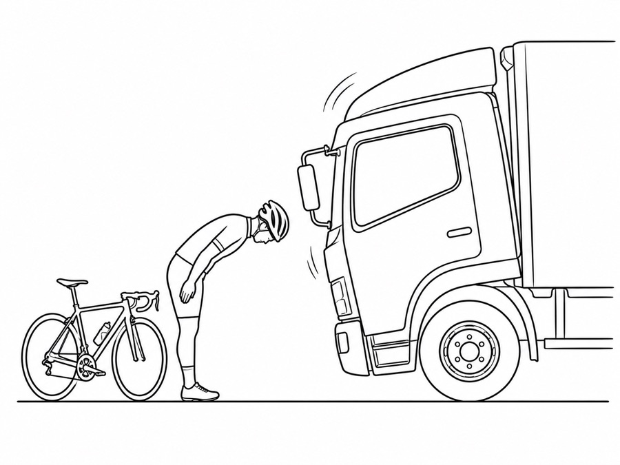 A cyclist bowing to a truck — and the truck bowing back