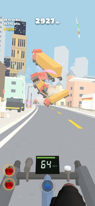 Three trucks tumbling through the air over a city street after a kick