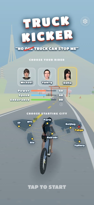 Start screen: choose your rider and starting city on a world map